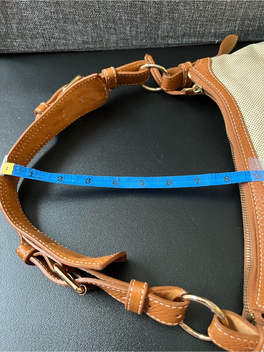 Dooney & Bourke Cream Canvas Shoulder Bag with Tan Leather Trim and Wristlet - Picture 15 of 15